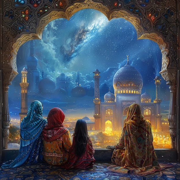 Painting of muslim woman with beautiful mosque and starry night background