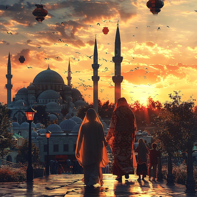 Painting of muslim woman with beautiful mosque and sunset background