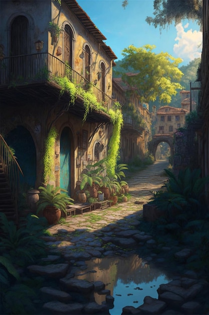 Painting of a narrow street with potted plants generative ai