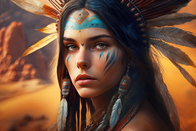 A painting of a native american girl with feathers on her head generative AI