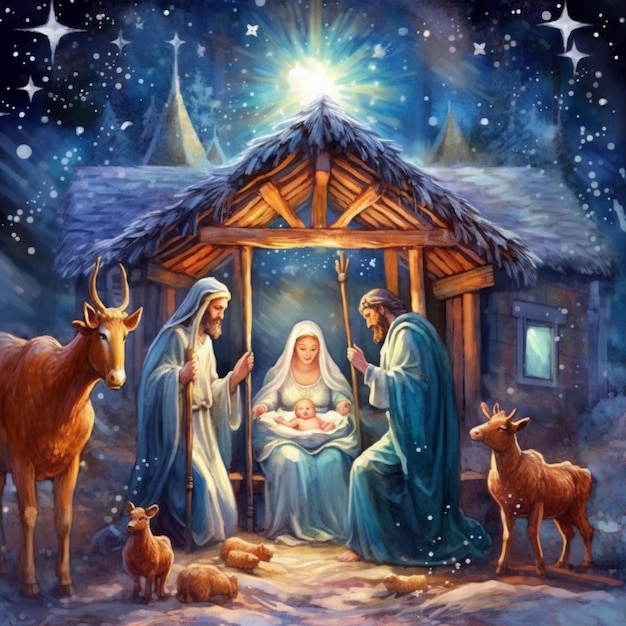 A painting of a nativity scene with a baby jesus in a manger generative ai