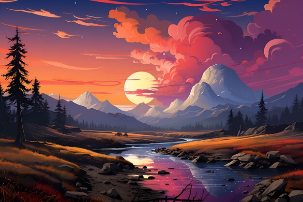 A painting of nature landscape with river sun mountian and trees generated by AI