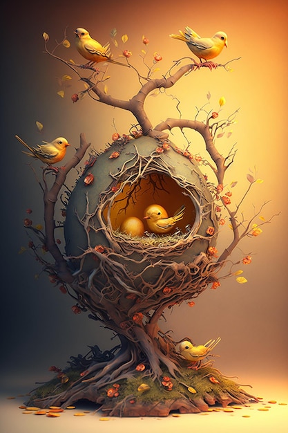 A painting of a nest with birds and leaves