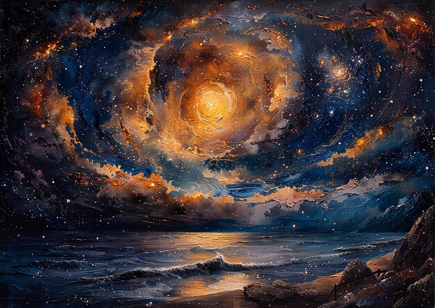 a painting of a night sky with a planet in the middle