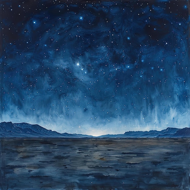 painting of a night sky with stars and a distant horizon