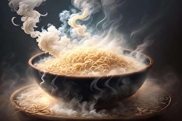 A painting of noodles and noodles with smoke coming out of it.