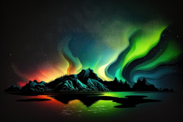 A painting of the northern lights over a lake.