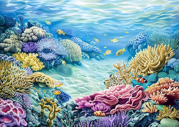 a painting of an ocean with corals and a variety of fish