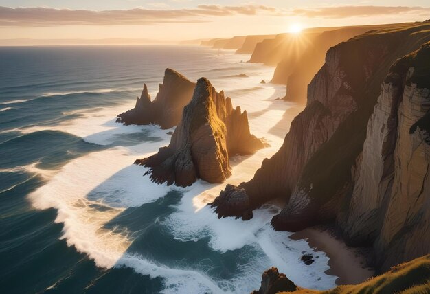 Photo a painting of the ocean with the sun setting behind the cliffs