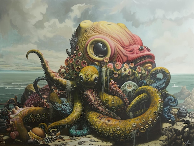 Photo a painting of a octopus with a large octopus on the top