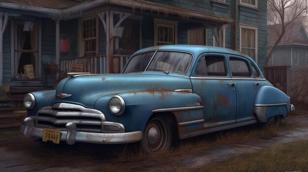 A painting of an old car in front of a house