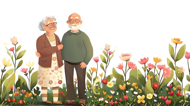 a painting of an old couple in a garden with flowers and a man in a green sweater