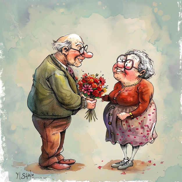 Photo a painting of an old couple holding flowers