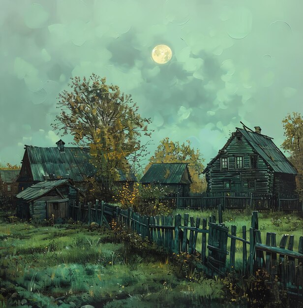 Photo a painting of an old farm with a full moon in the background