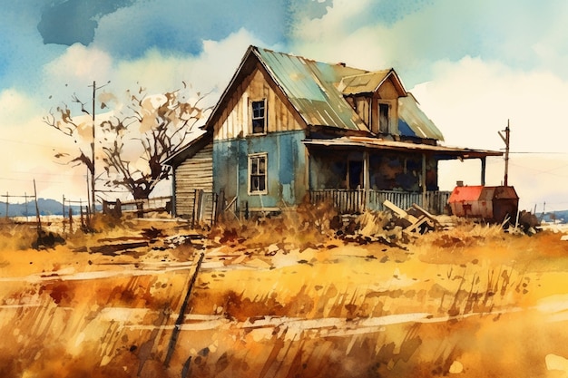 A painting of an old house in a field