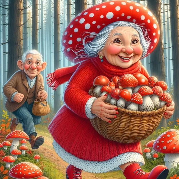 A painting of an old lady with a basket of mushrooms