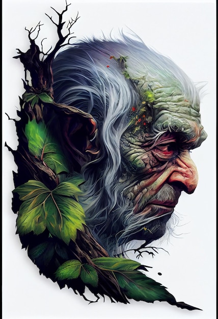 Painting of an old man with leaves on his head generative ai