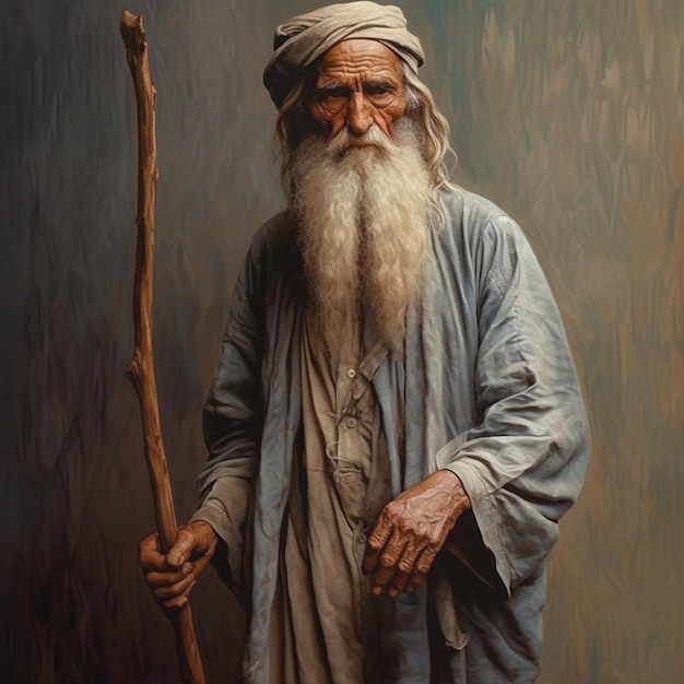 A painting of an old man with a long white beard