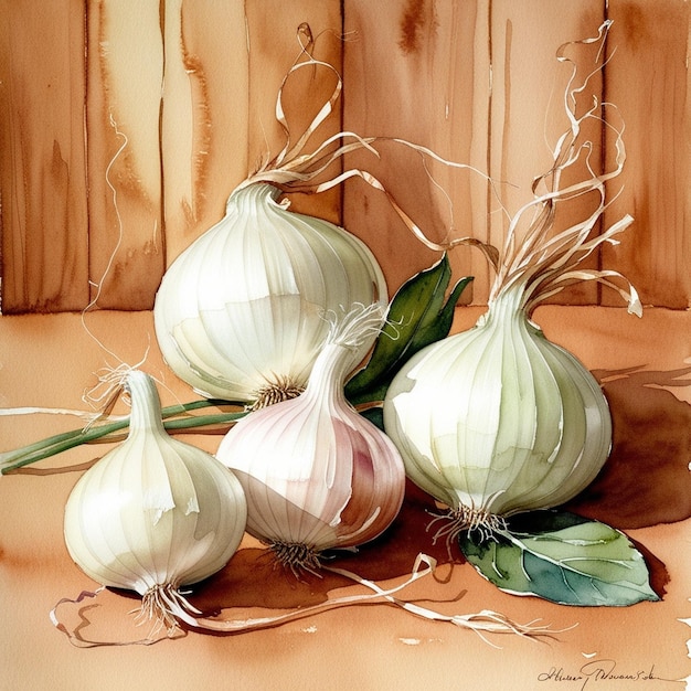 a painting of onions and a bunch of onions