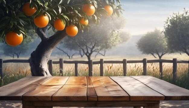 Photo a painting of an orange tree and a wooden table with oranges on it