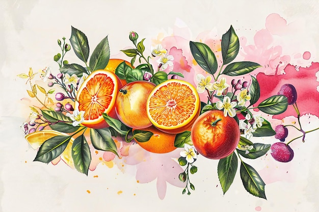 a painting of oranges and apples with leaves and flowers