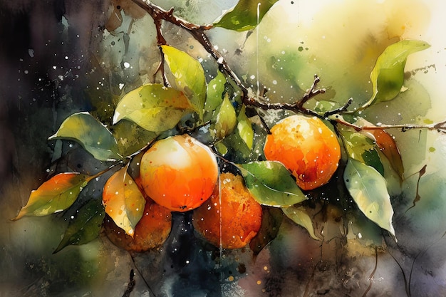 A painting of oranges on a branch