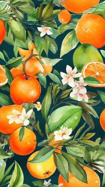 A painting of oranges and flowers with a green background.