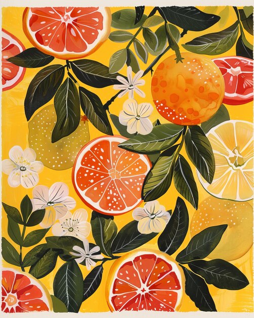 Photo a painting of oranges and flowers with leaves and flowers