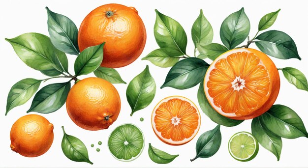 Photo a painting of oranges and a green leaf