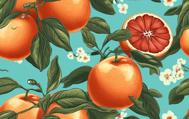 a painting of oranges and leaves with flowers on them