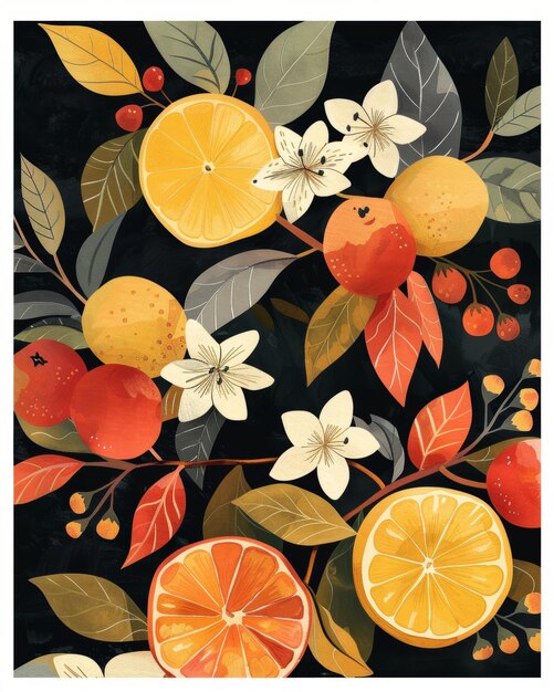 Photo a painting of oranges and leaves with oranges and berries