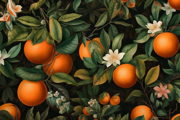 A painting of oranges and leaves with a white flower.