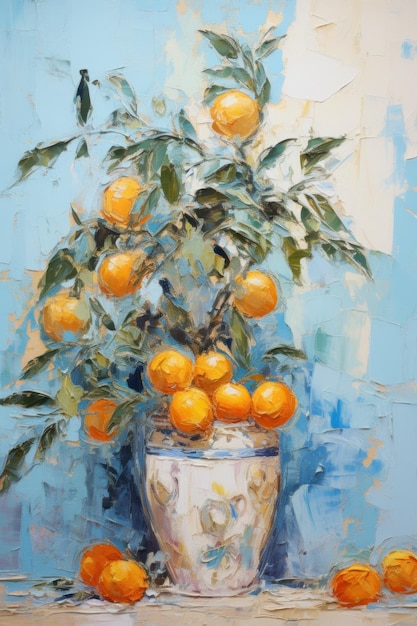 A Painting of Oranges in a Vase on a Table Mediterranean painting style