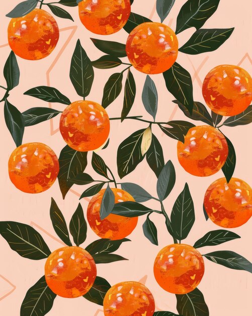 Photo a painting of oranges with leaves and leaves on a wall