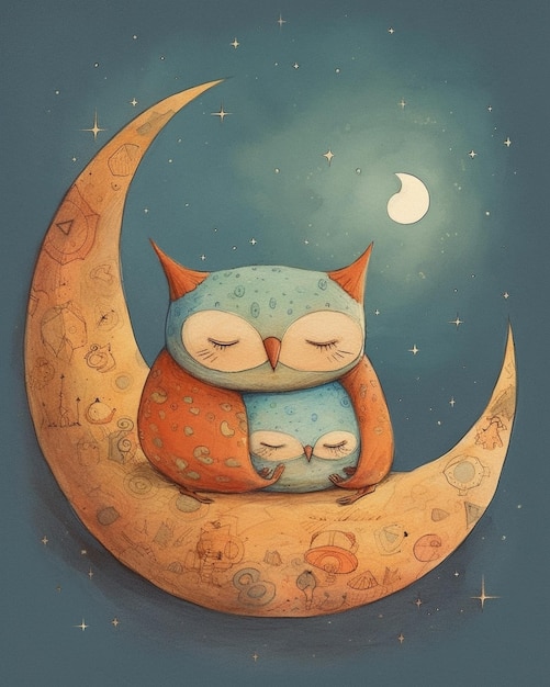 A painting of a owl and her baby on the moon