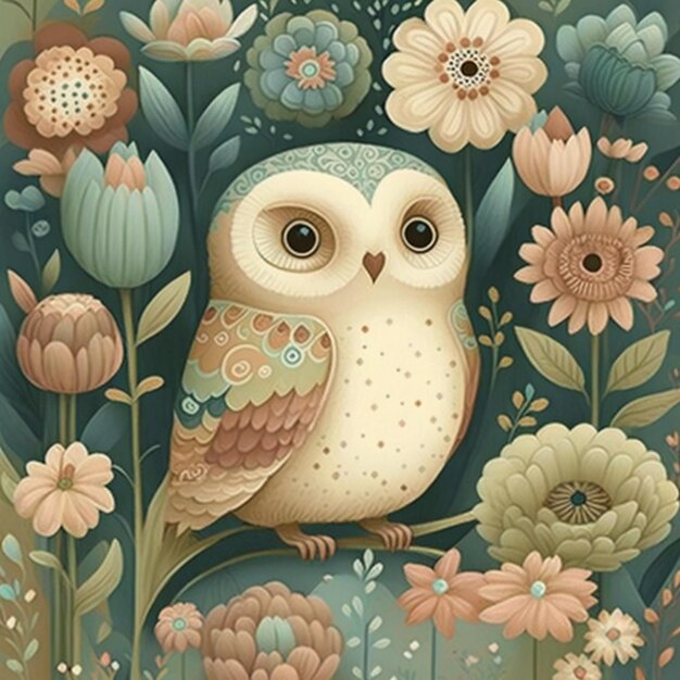 A painting of a owl sitting on a branch with flowers.