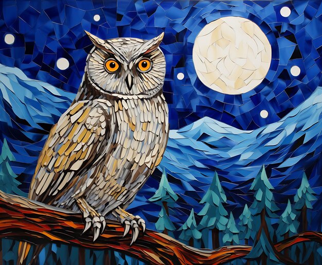 Photo painting of an owl sitting on a branch with a full moon in the background