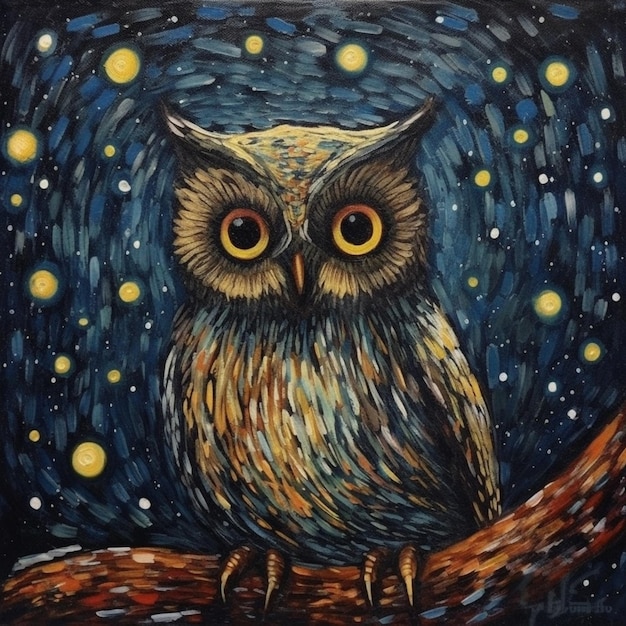 painting of an owl sitting on a branch with a starr sky in the background generative ai