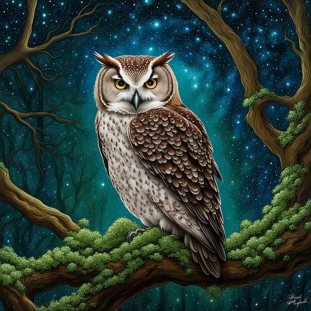 a painting of an owl in a tree with the words owl on it