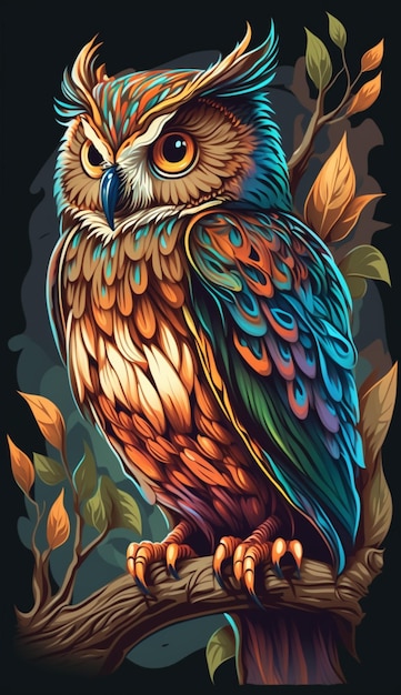 A painting of an owl with a black background and the words owl on the front.