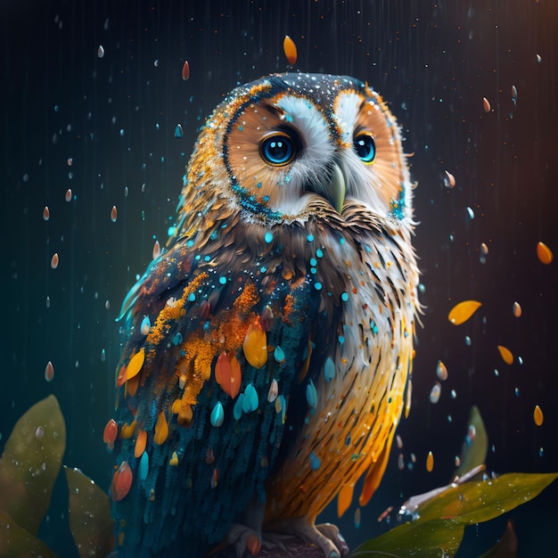 A painting of a owl with blue eyes and yellow eyes