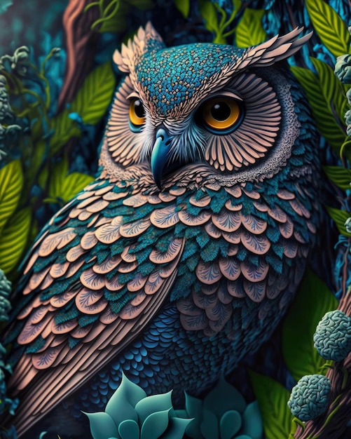 A painting of an owl with blue eyes and yellow eyes.