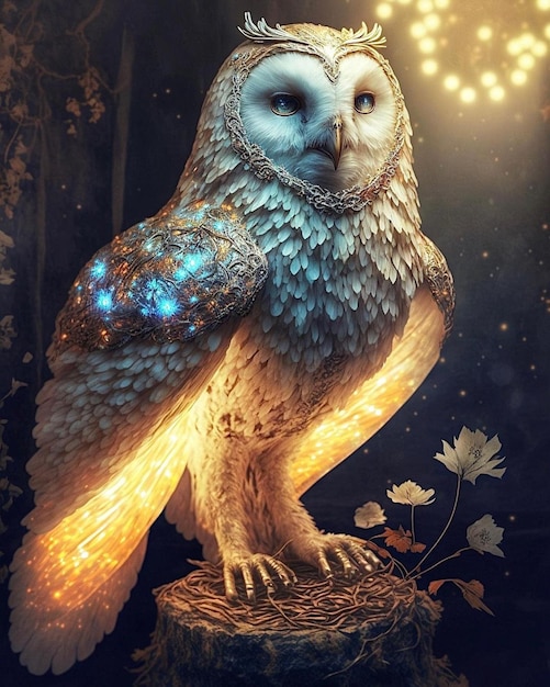 A painting of a owl with a blue and gold wings.