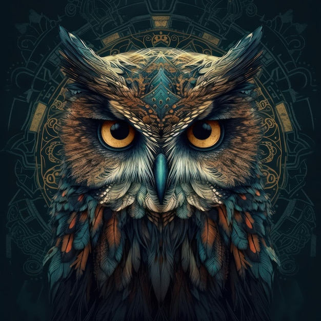 A painting of a owl with a circular design on the face.