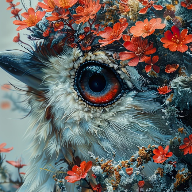 Photo a painting of an owl with flowers and the word owl on it