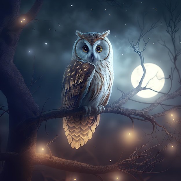 A painting of a owl with the moon in the background.