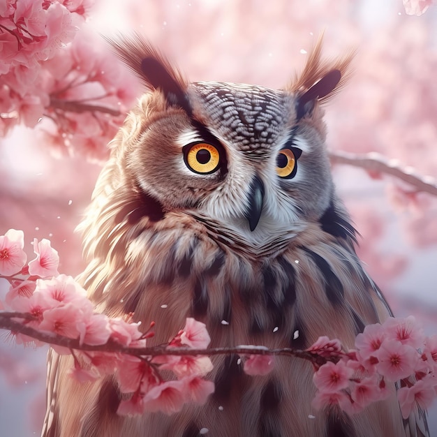 A painting of a owl with pink flowers on the face.