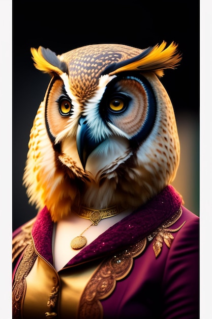 A painting of an owl with a purple jacket and yellow eyes.