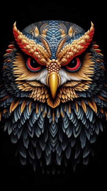 a painting of an owl with a red eyes