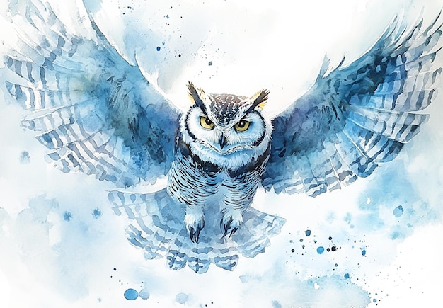 Photo painting of an owl with wings spread out in the sky